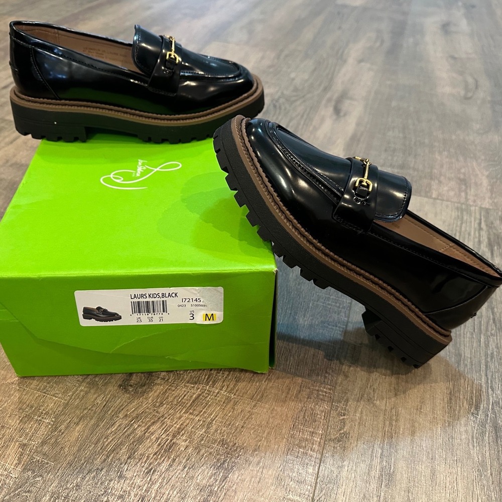 Sam Edelman Black Patent Loafers with Gold Bit Detail - Picture 3 of 7
